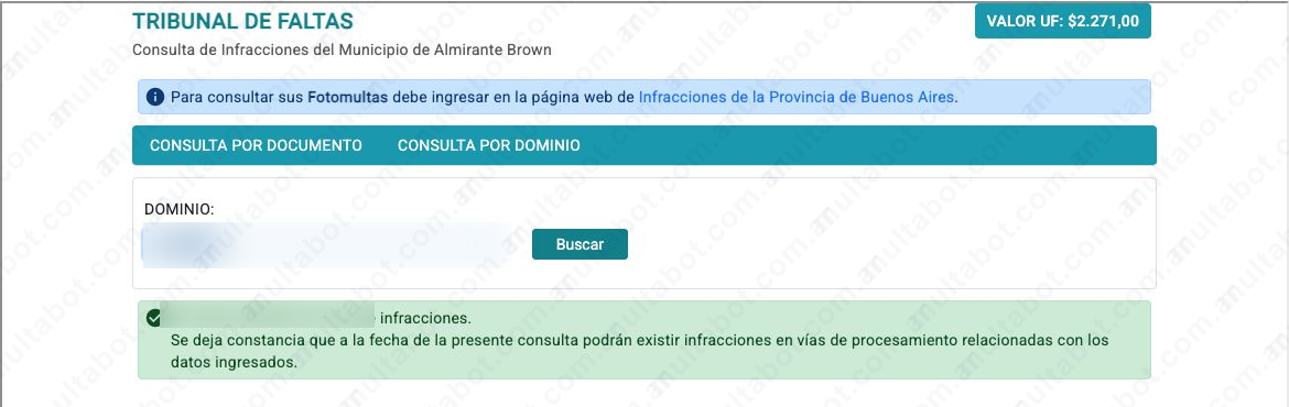 Formulario oficial para consultar infracciones municipales de Almirante Brown por dominio