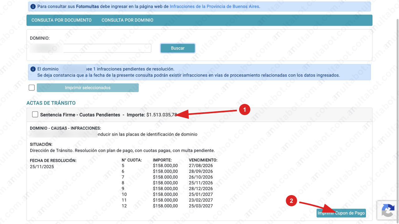 Resultado municipal con sentencia firme, importe, situación, fecha de resolución, cuotas pendientes y cupón de pago