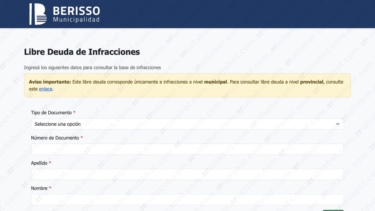 Formulario municipal de libre deuda de infracciones de Berisso