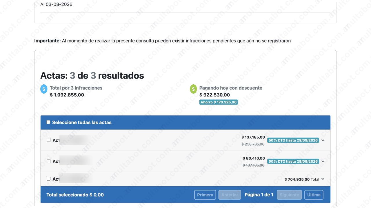 Resultado de una consulta de multas en Berisso con tres actas, total y monto con descuento