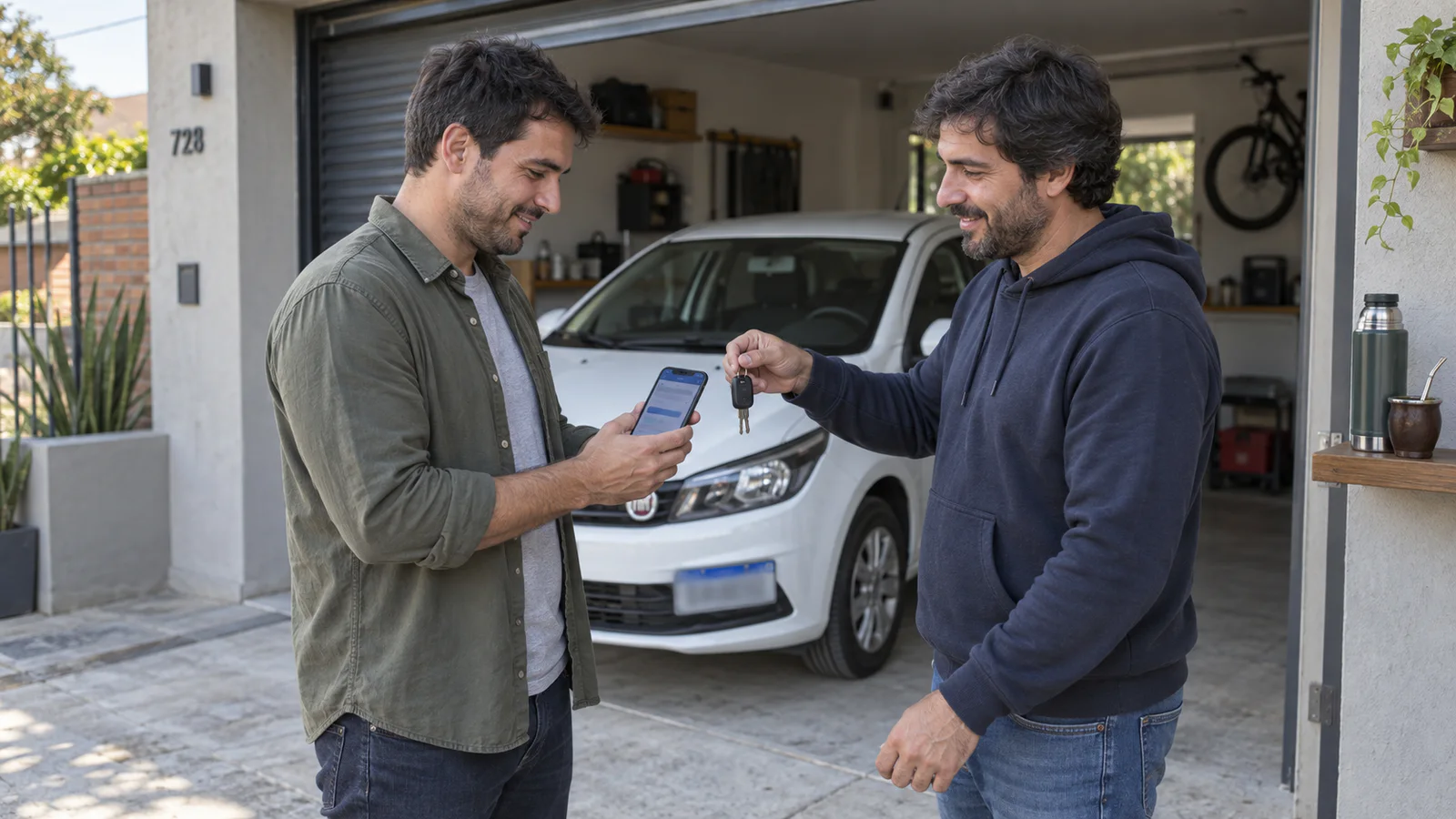 Titular entrega las llaves mientras otra persona consulta su celular frente a un auto