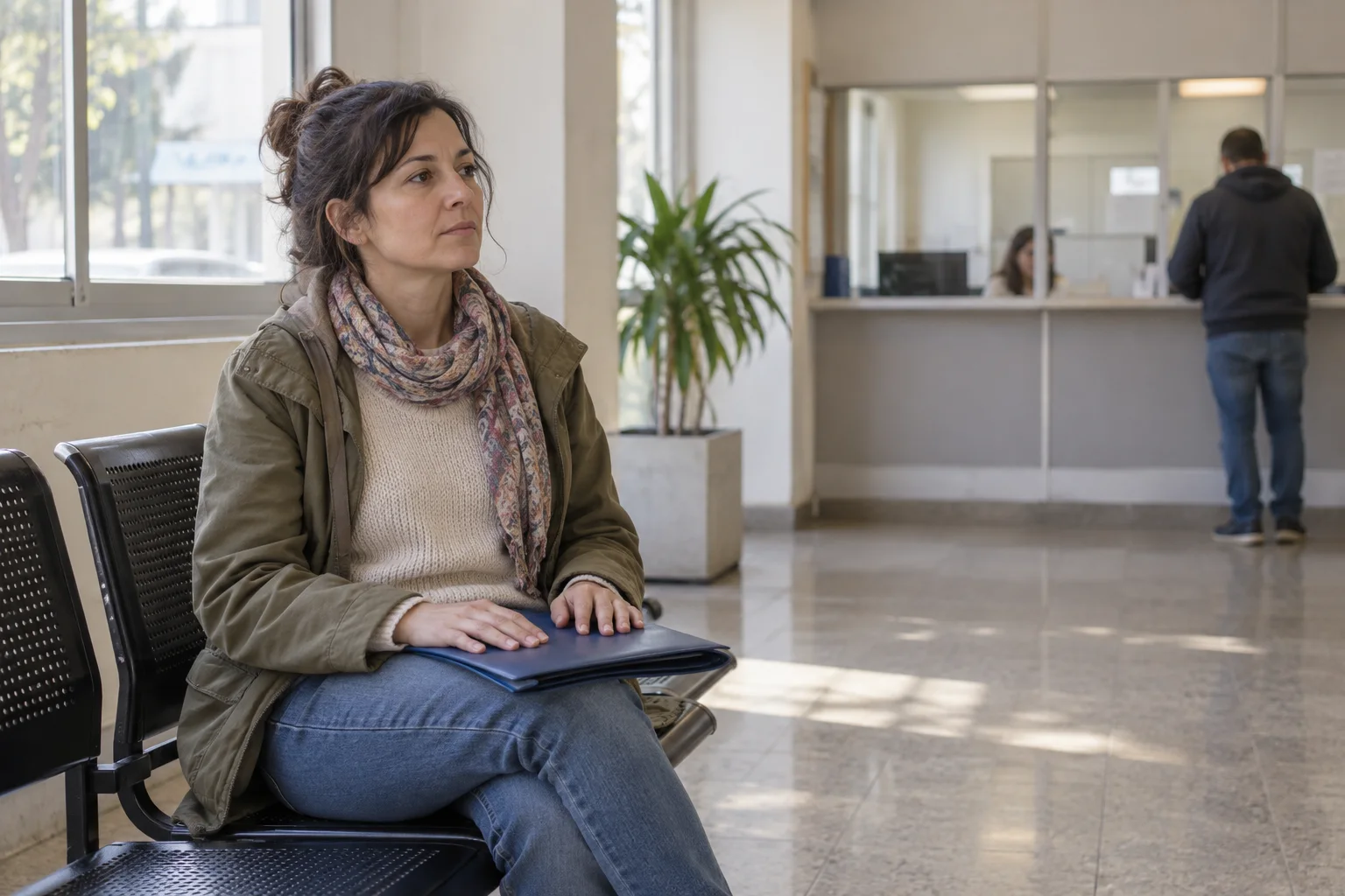 Mujer espera con una carpeta cerrada en una sala administrativa argentina
