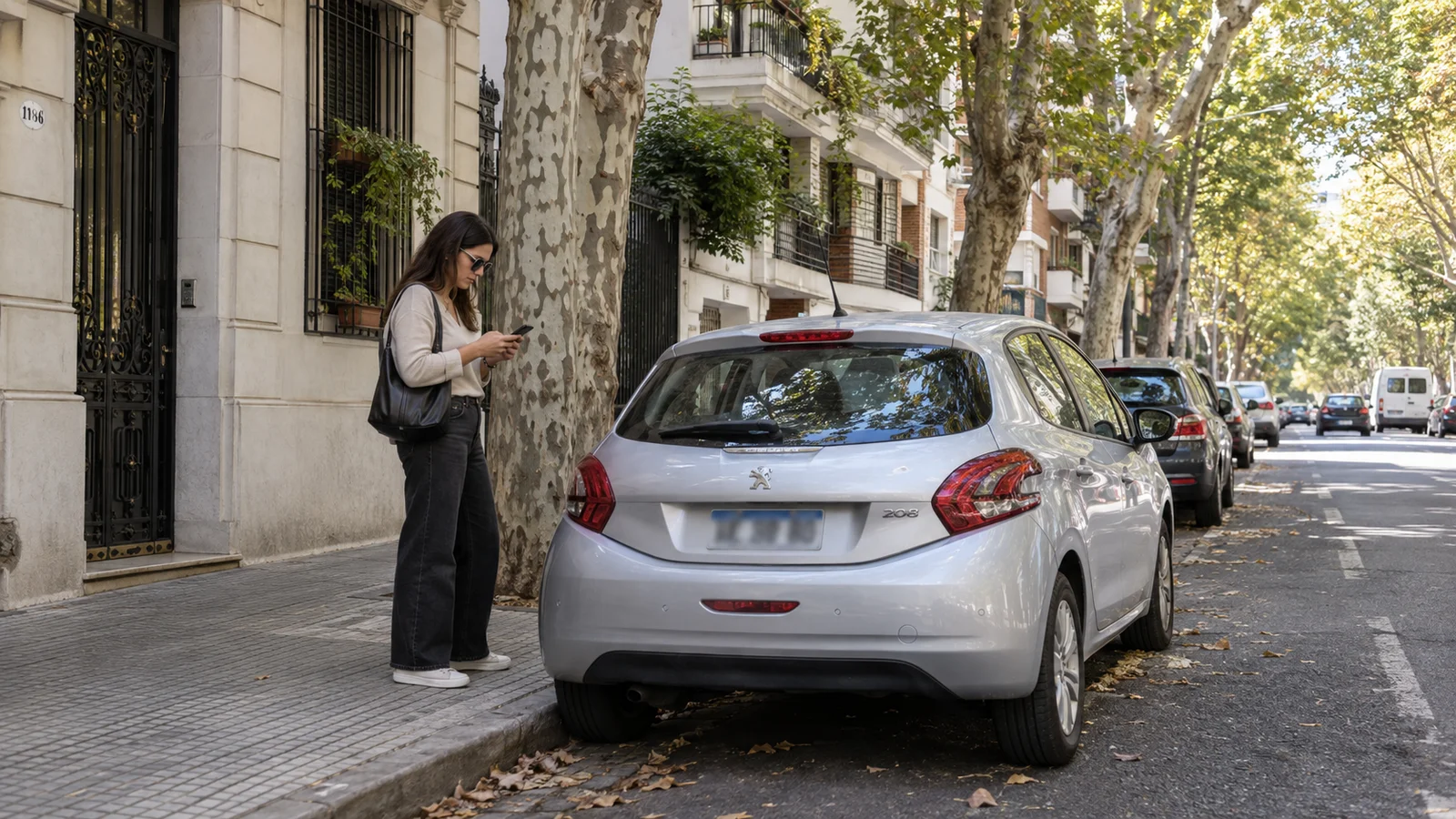 Persona consultando el celular junto a un auto estacionado en una calle porteña