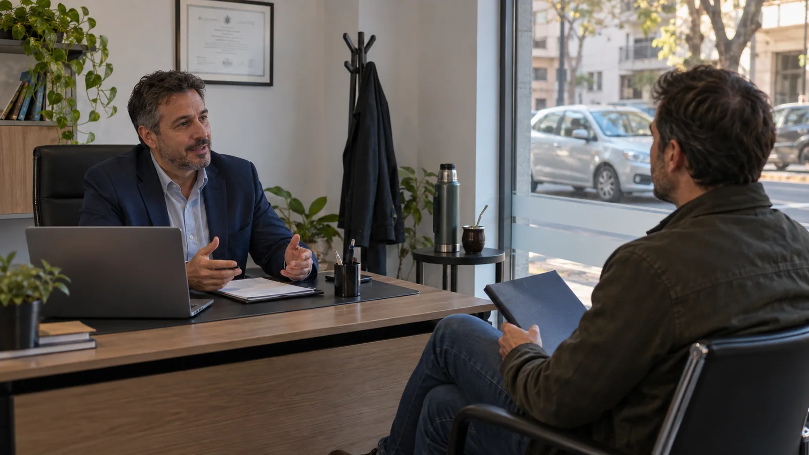 Productor de seguros conversando con un cliente en una oficina de Rosario
