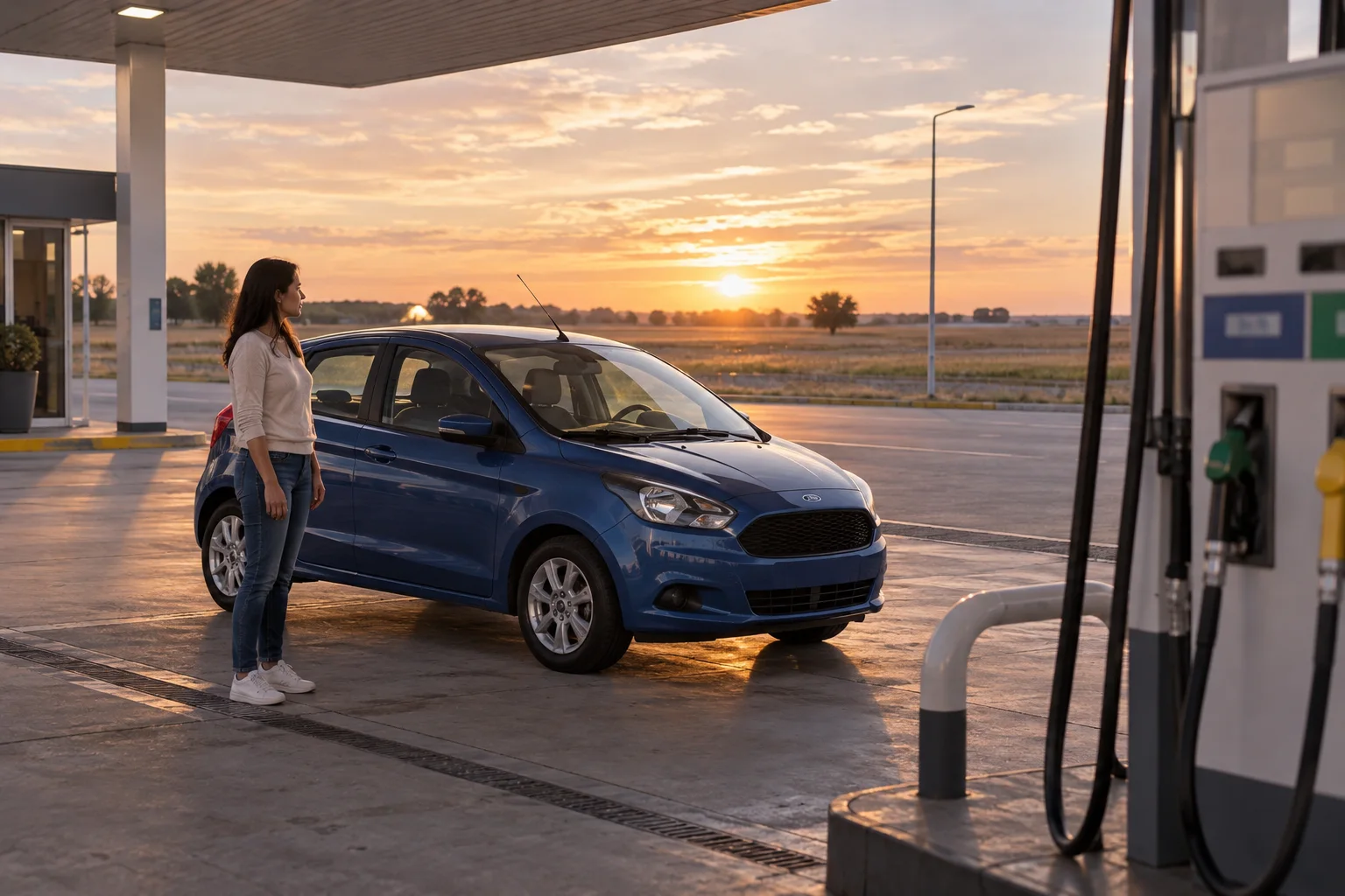 Conductora junto a un Ford Ka detenido en una estación de servicio de la llanura pampeana