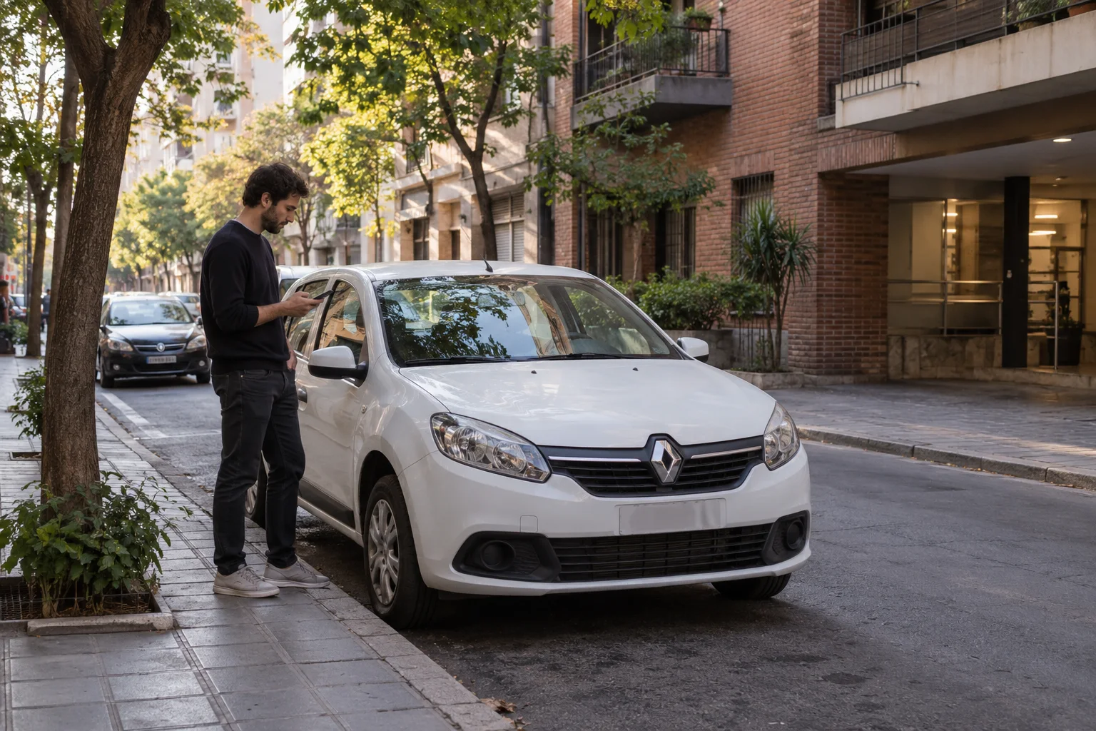 Persona consulta su teléfono junto a un auto estacionado en una calle de Córdoba Capital
