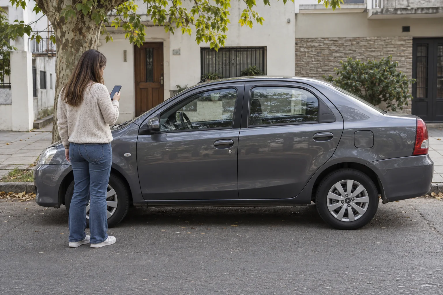 Mujer mira su teléfono junto a un auto estacionado en una calle residencial bonaerense