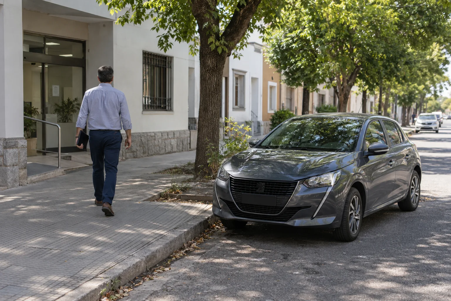 Persona camina por la vereda junto a un auto estacionado en un barrio de Santa Fe capital