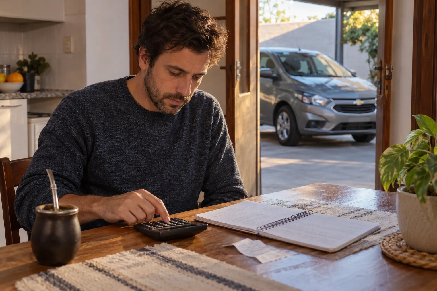 Persona revisa una libreta y una calculadora junto a una cochera con un Onix estacionado
