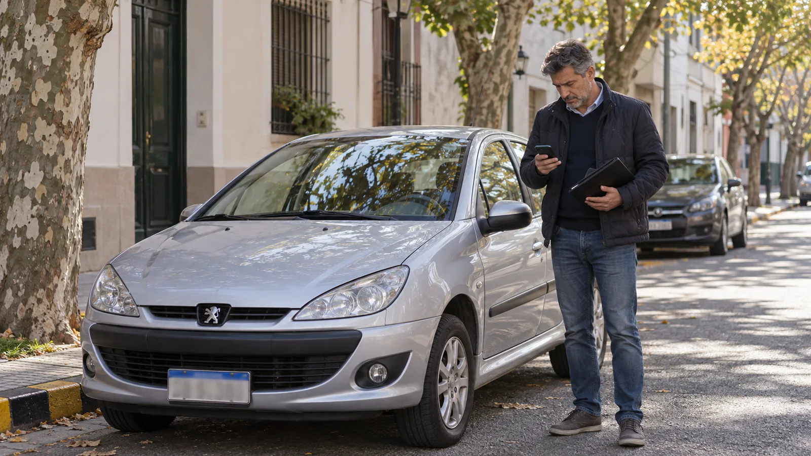 Conductor revisa el celular y una carpeta junto a un auto estacionado en una calle argentina