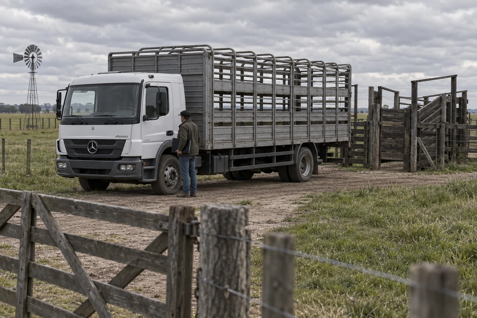 Camión jaula ganadero vacío junto a una manga en un establecimiento rural bonaerense