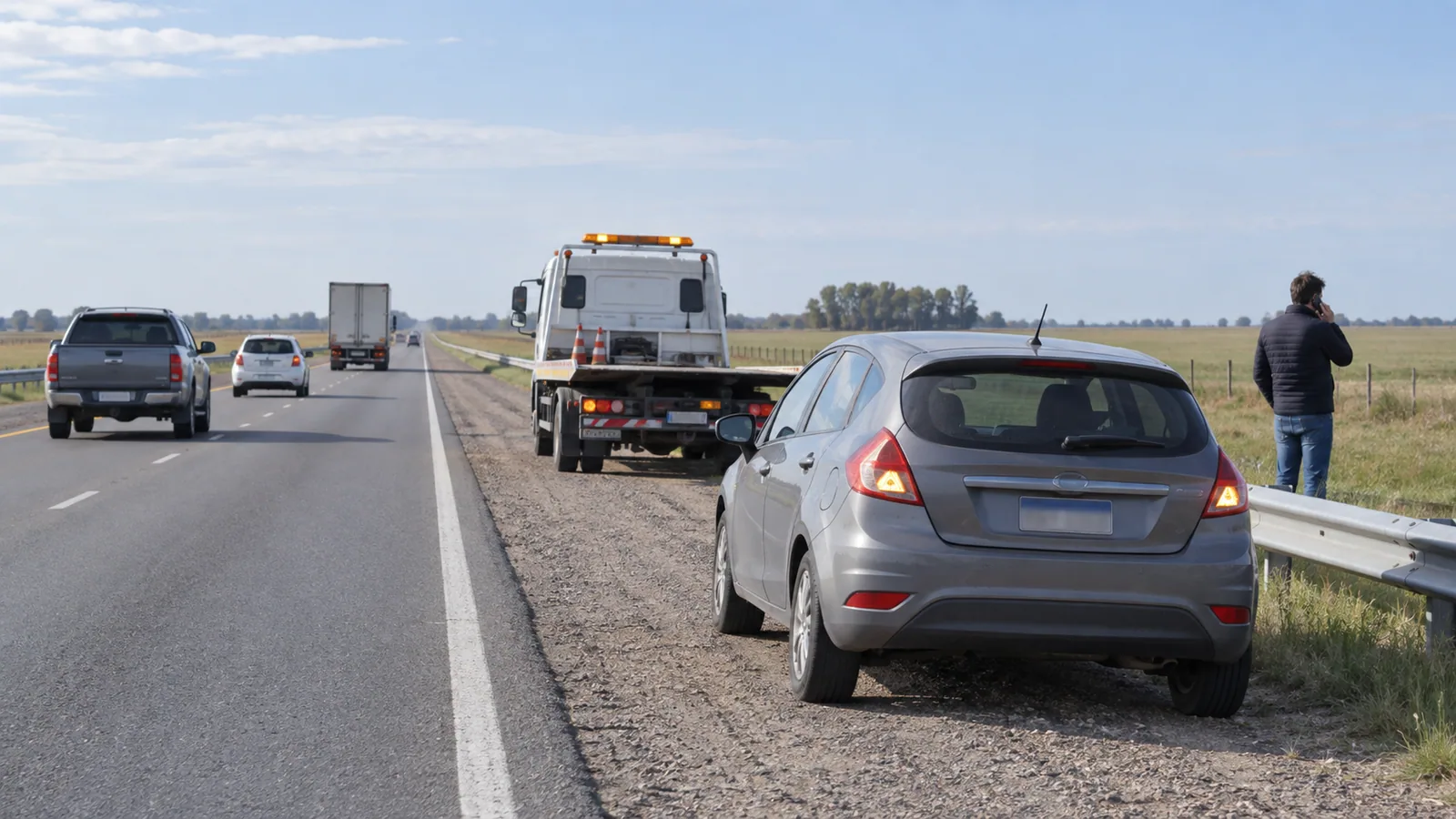 Auto detenido con balizas en la banquina derecha de una ruta argentina y asistencia en camino