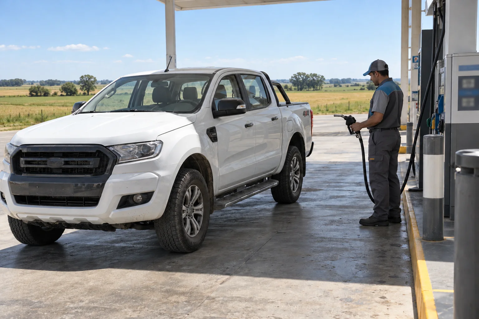 Ranger estacionada junto a un surtidor mientras un empleado prepara la pistola de carga