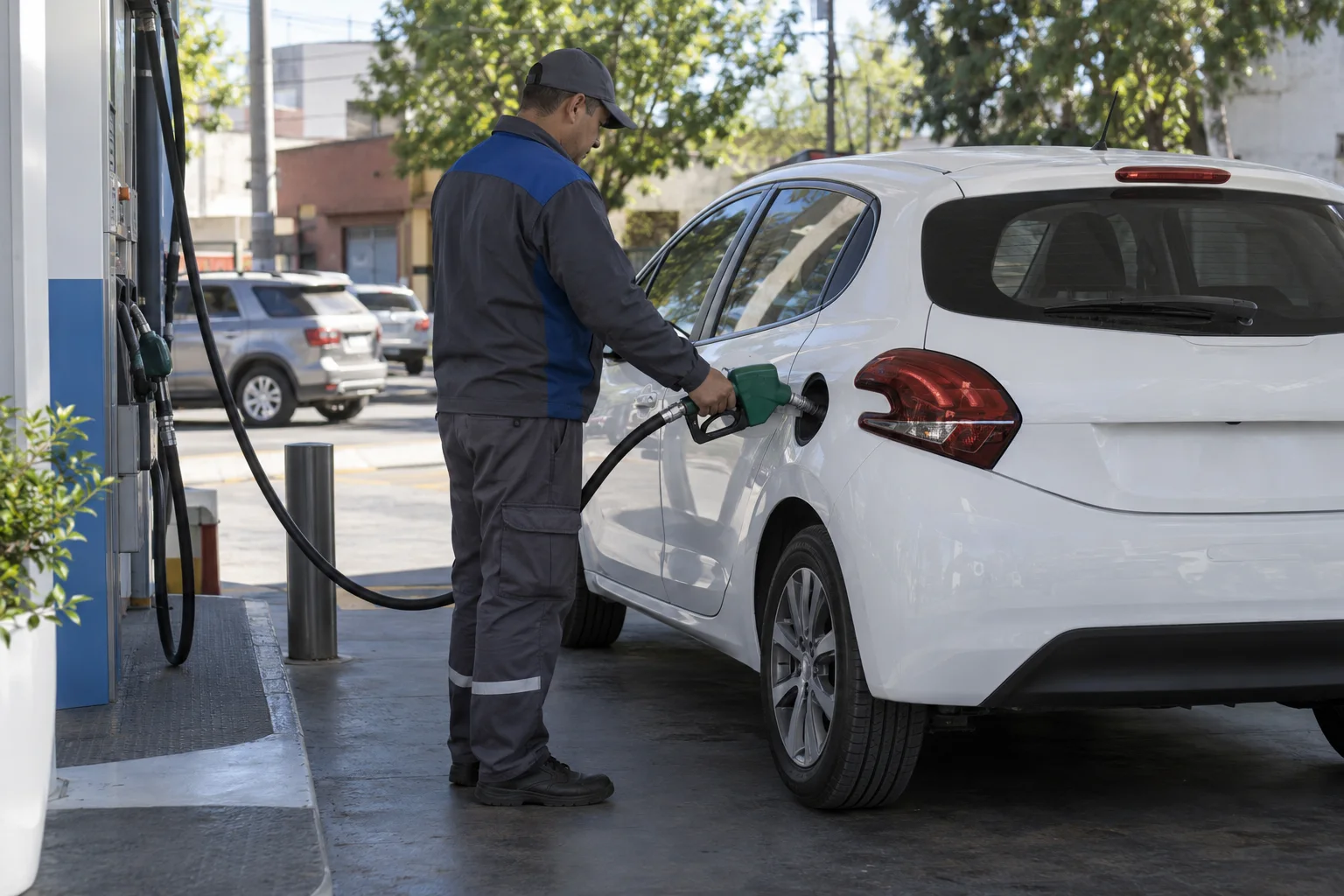 Empleado carga combustible en un Peugeot 208 detenido en una estación argentina