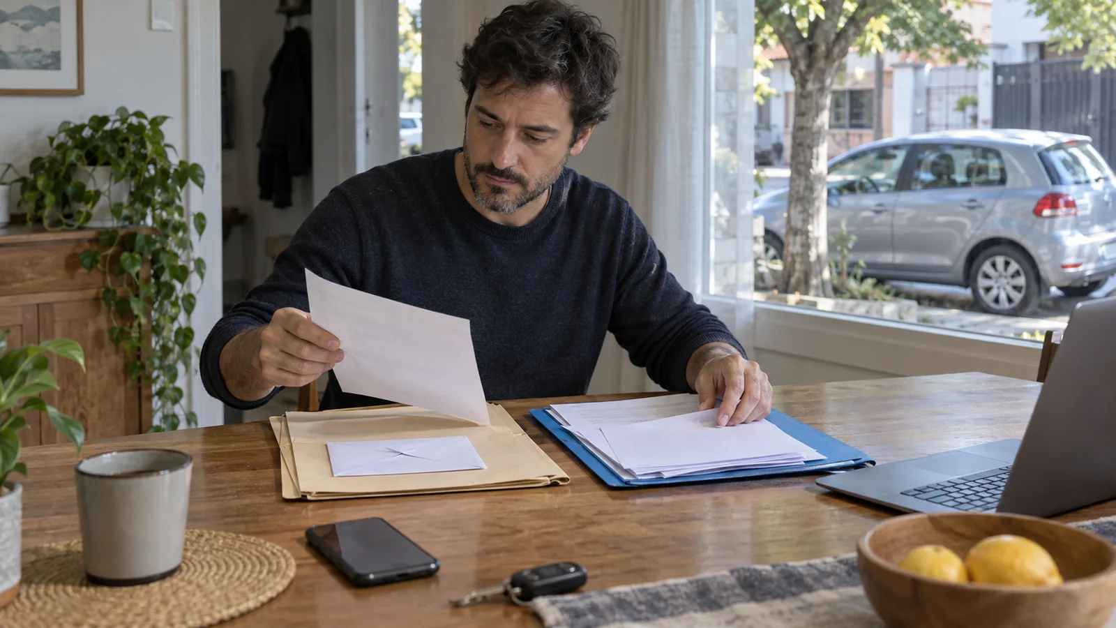 Conductor separando documentación de multas y del seguro en su casa