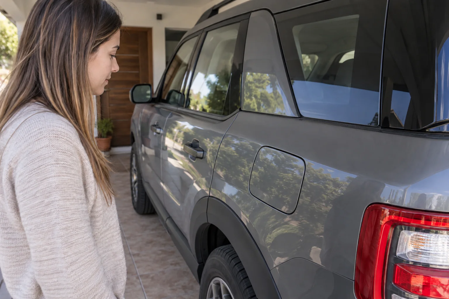 Propietaria observa la ubicación de la tapa de carga en un SUV estacionado en una cochera