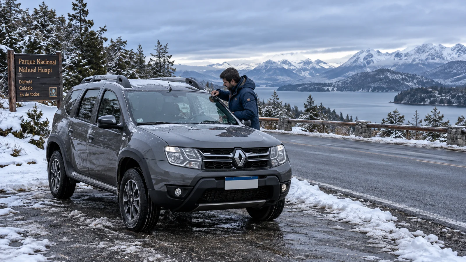 Conductor revisando el parabrisas de un auto estacionado en un paisaje patagónico nevado