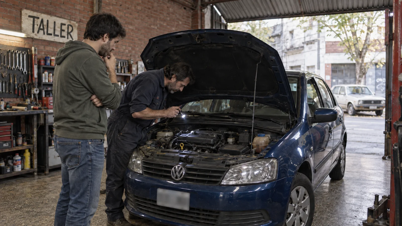 Mecánico y comprador revisando el motor de un auto usado en un taller