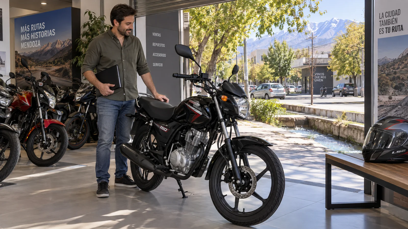 Comprador junto a una moto nueva en un concesionario mendocino