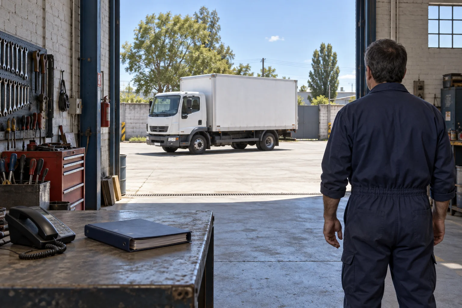 Encargado de taller observa un camión estacionado desde el portón