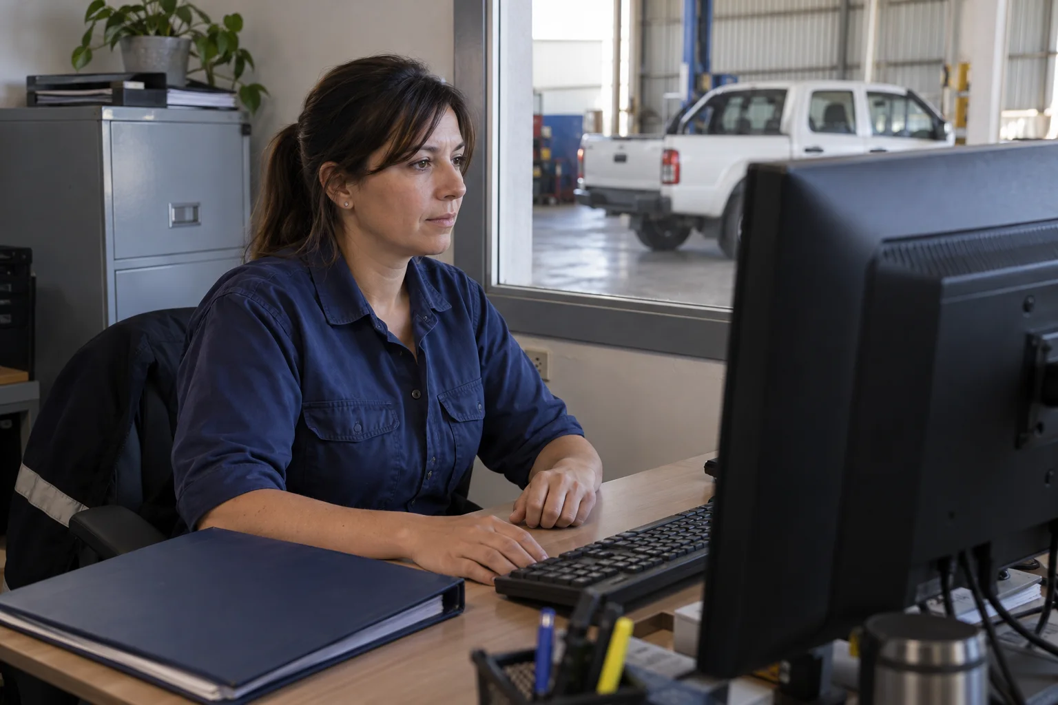 Administrativa en una oficina de taller frente al reverso de un monitor