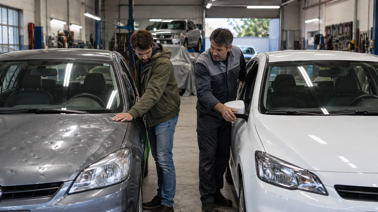 Propietario y mecánico comparando dos autos después de una granizada