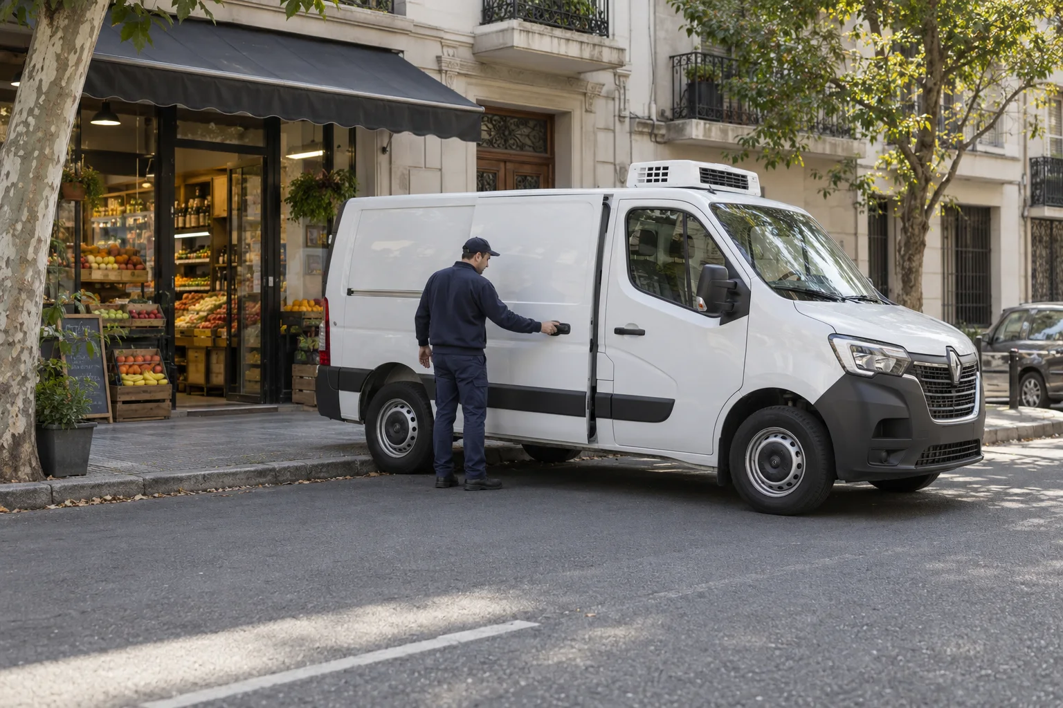 Conductor junto a un furgón frigorífico estacionado frente a un comercio porteño