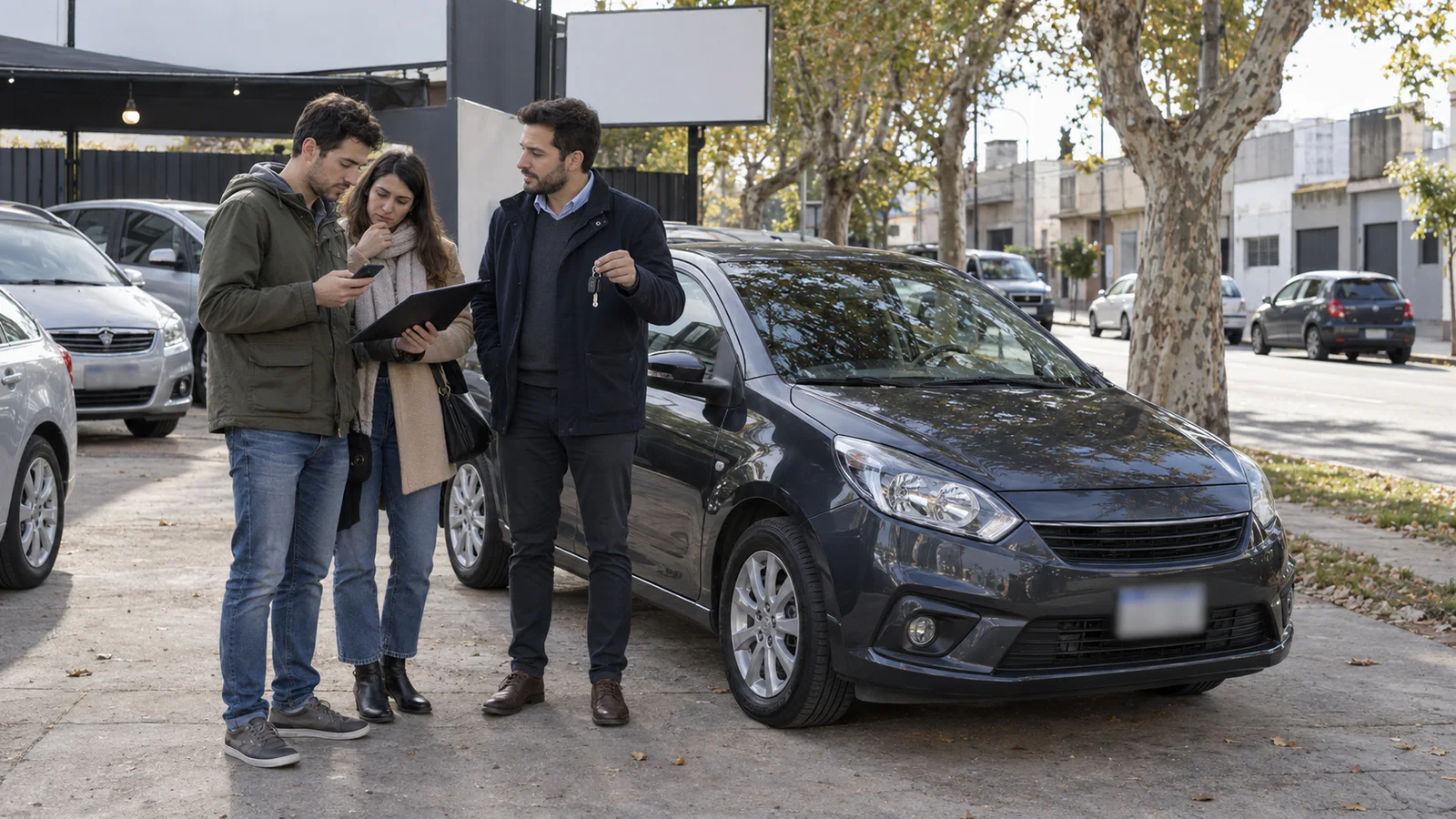 Compradores verifican documentación con un intermediario junto a un auto usado