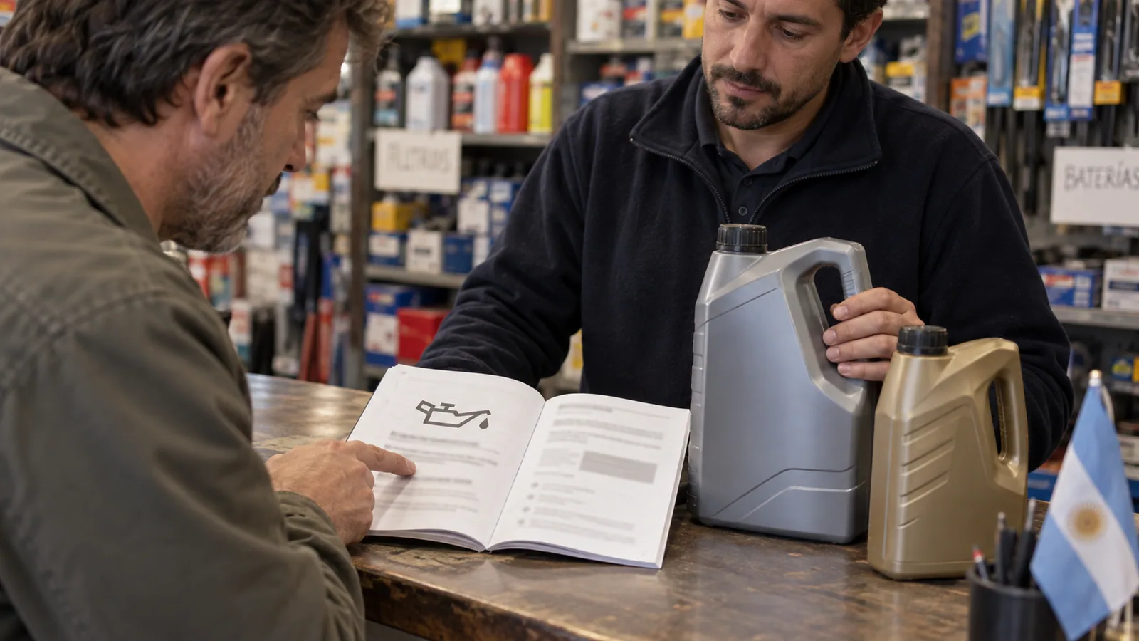 Cliente y vendedor comparando el manual del auto con envases de aceite sin marca