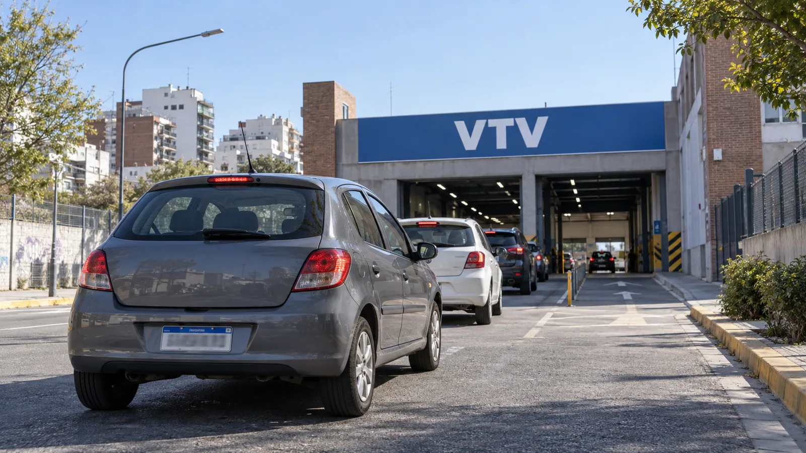 Autos esperando para ingresar a una planta de VTV en un entorno urbano porteño