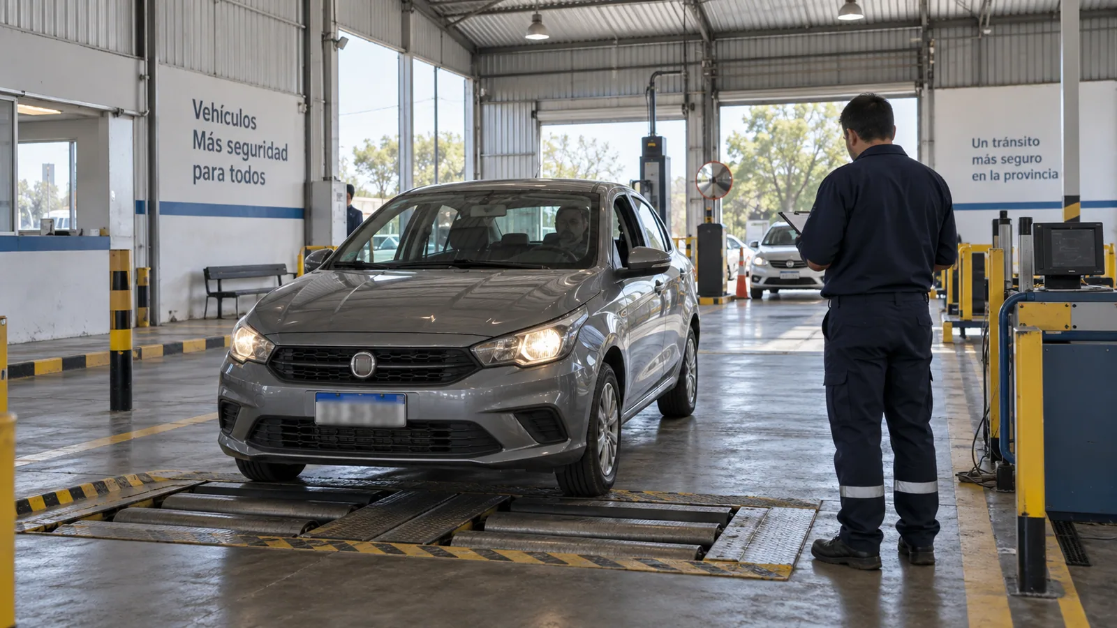 Auto sobre un banco de prueba dentro de una planta de VTV bonaerense