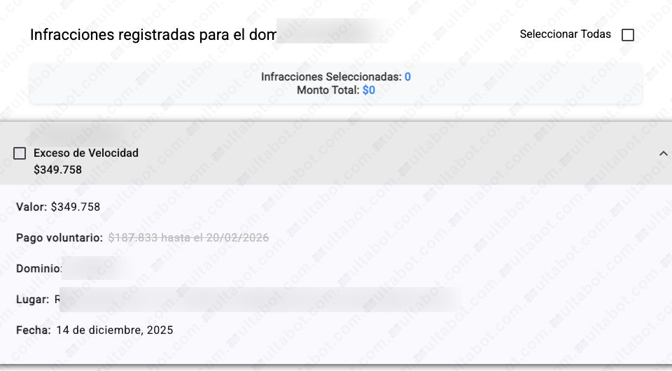 Detalle de una infracción de tránsito consultada en Puerto Iguazú