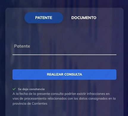 Formulario de Corrientes para consultar fotomultas por patente o documento