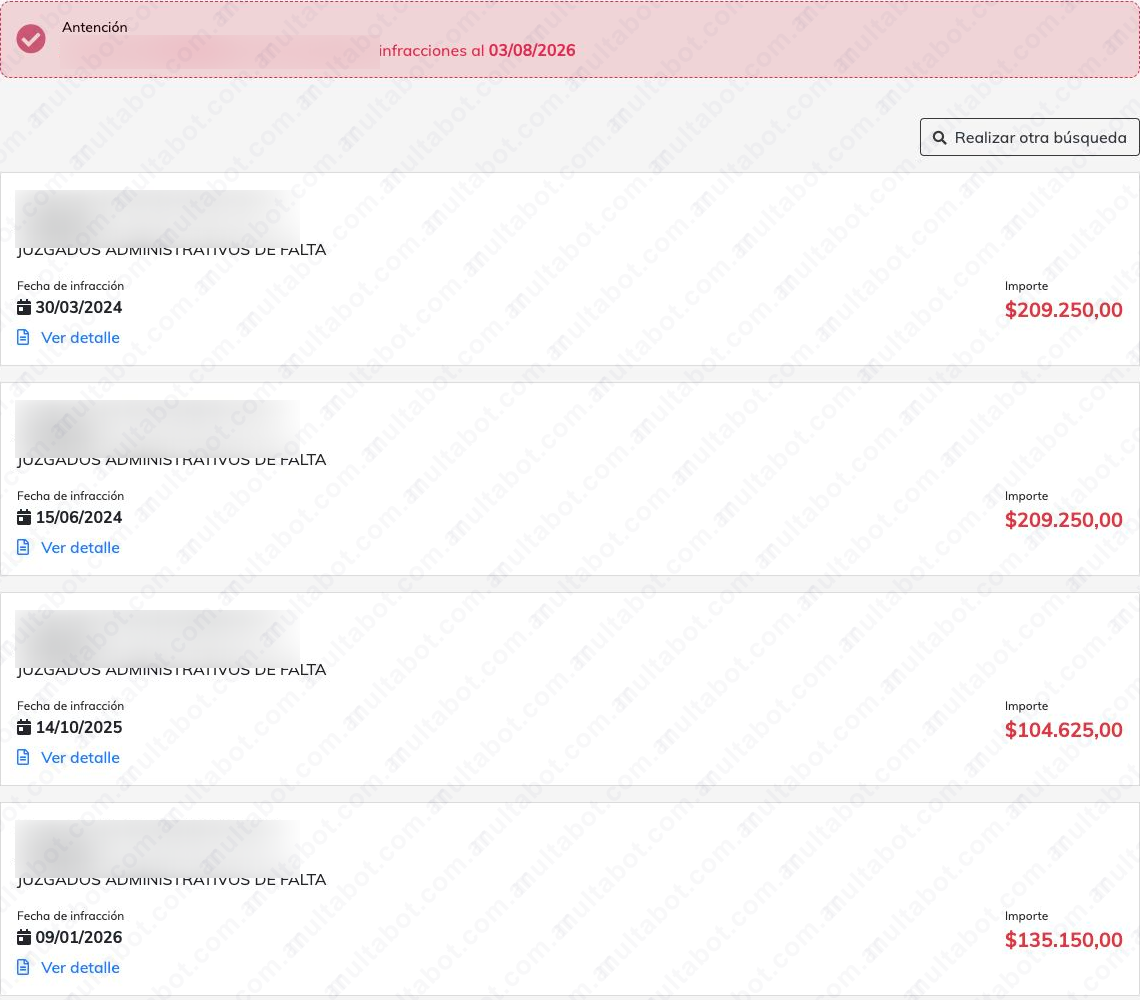 Listado de fotomultas de Corrientes con fechas e importes