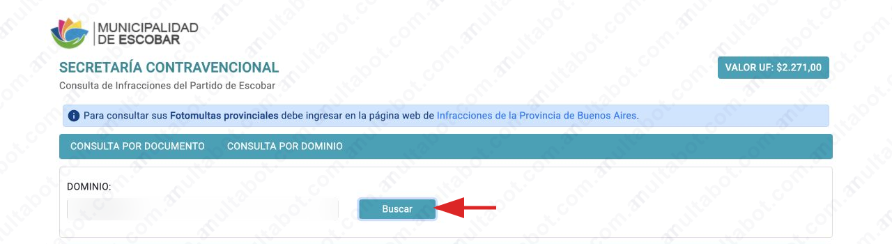 Secretaría Virtual de Escobar con la pestaña Consulta por Dominio, el campo Dominio y el botón Buscar