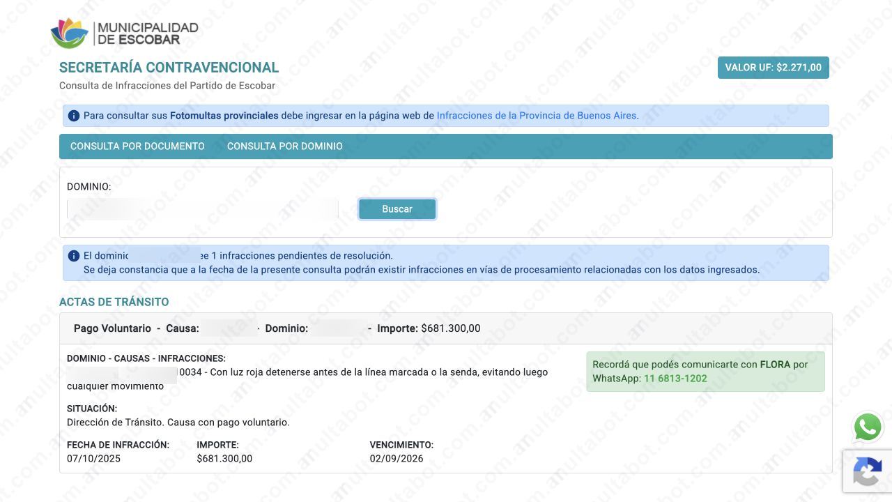 Resultado de la Secretaría Virtual de Escobar con situación, fecha, importe y vencimiento de una infracción