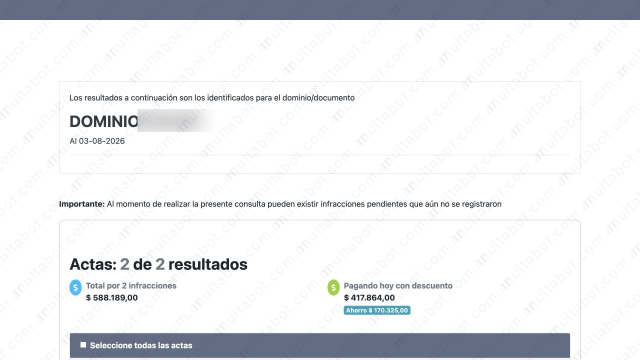 Resultado de multas en Ezeiza con dos actas, total y monto con descuento