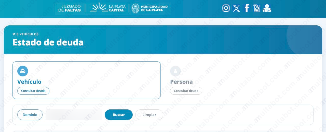 Formulario del Juzgado de Faltas de La Plata para consultar deuda por dominio