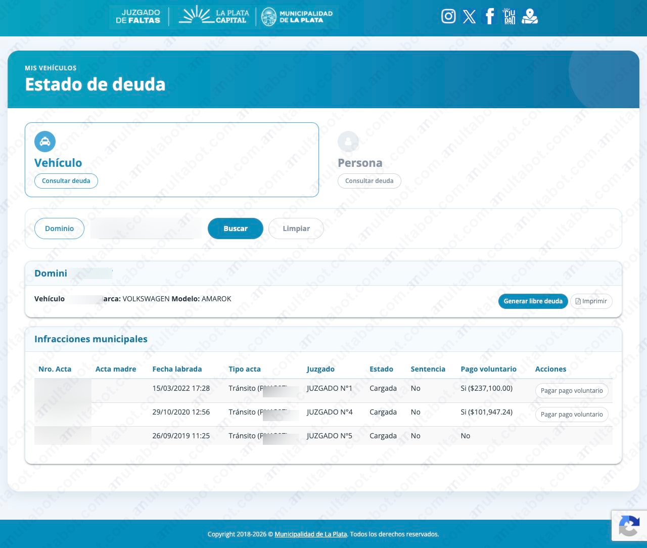 Tabla de multas municipales de La Plata con fecha, juzgado, estado e importe