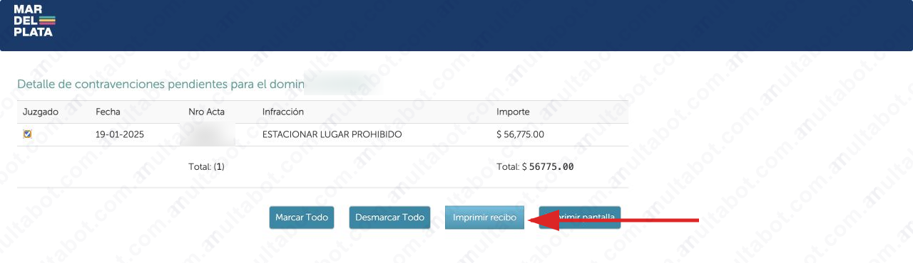 Resultado municipal de Mar del Plata con fecha, infracción, importe, total y acción Imprimir recibo