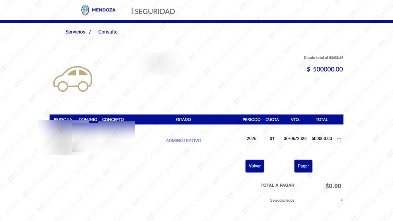 Resultado de multas viales de Mendoza con estado, período, vencimiento e importe