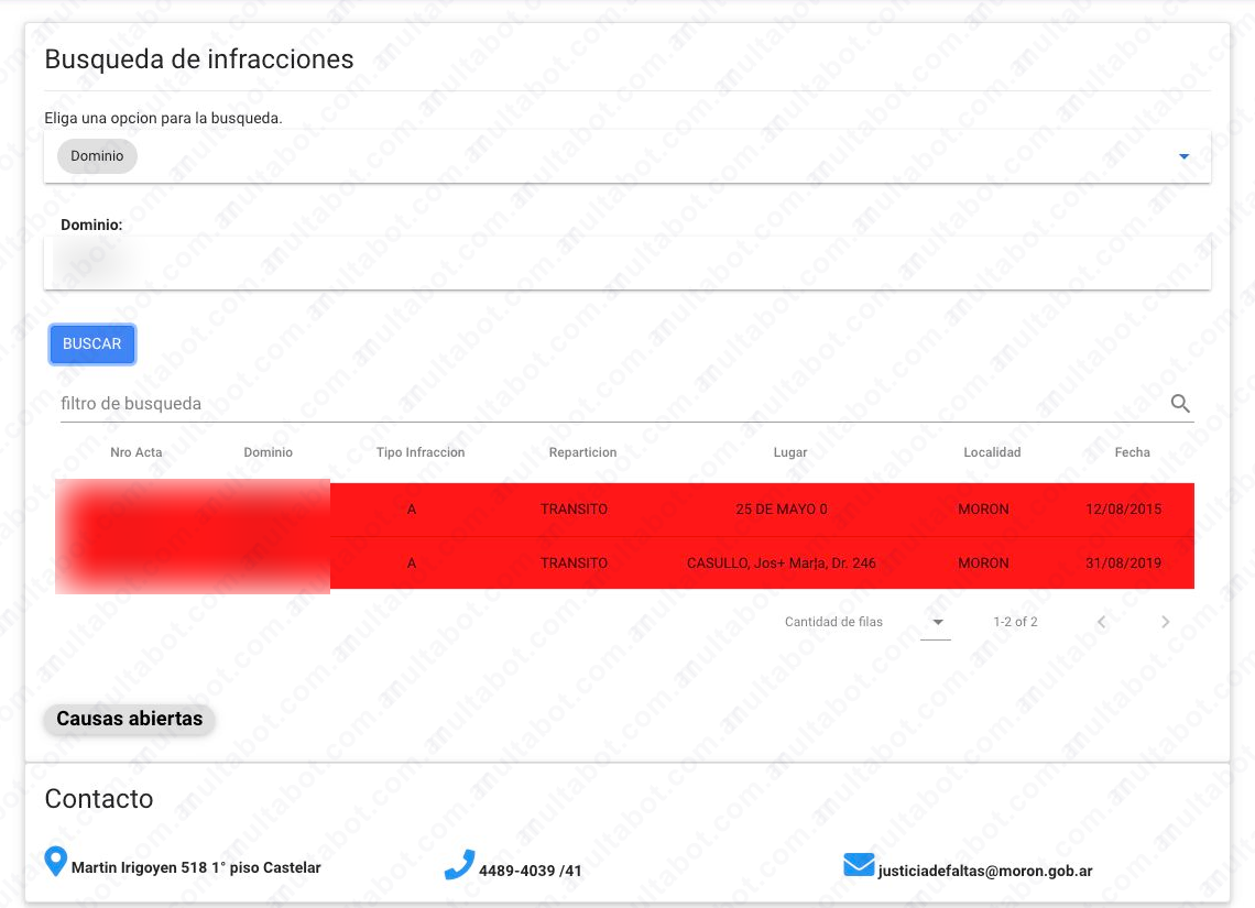 Tabla municipal de Morón con causas abiertas, repartición, lugar, localidad y fecha