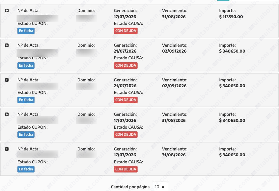 Listado de infracciones de Provincia de Buenos Aires con fechas, vencimientos, estados e importes