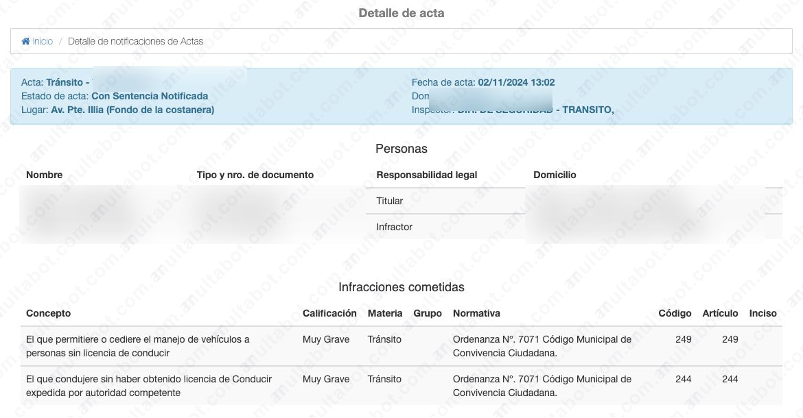 Detalle de un acta con estado, fecha, lugar, calificación y normativa