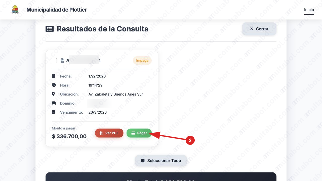 Resultado de multas de Plottier con estado, fecha, ubicación, vencimiento y monto