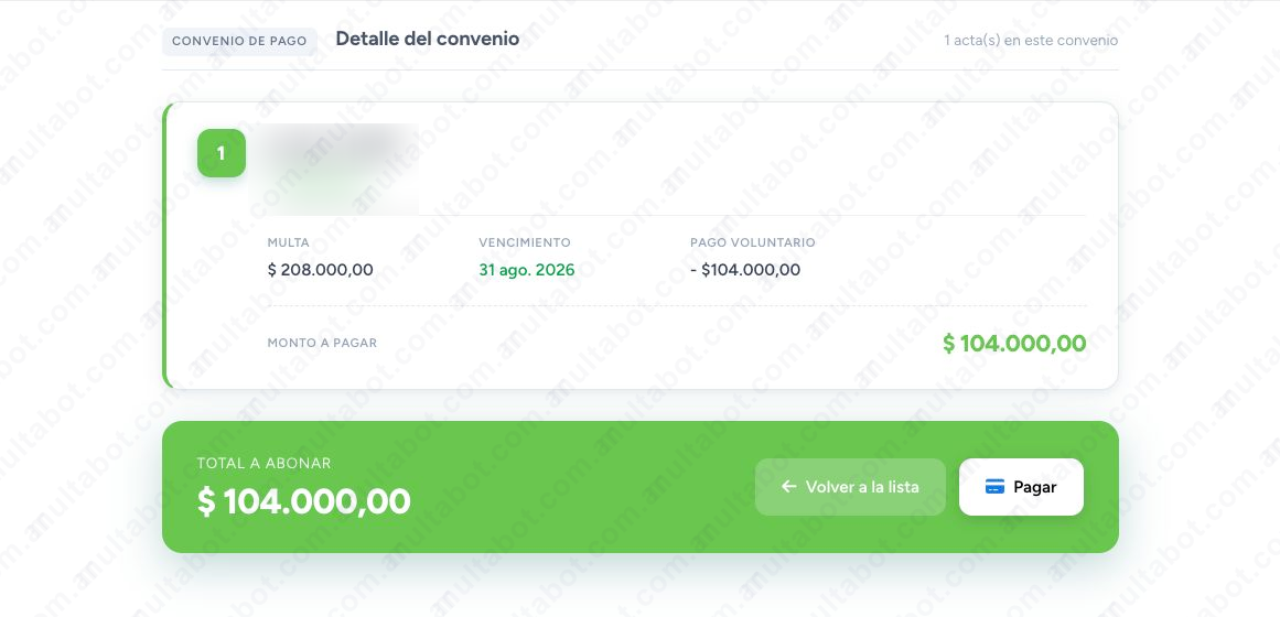 Resumen de pago voluntario de una multa de Río Negro con deducción y total final