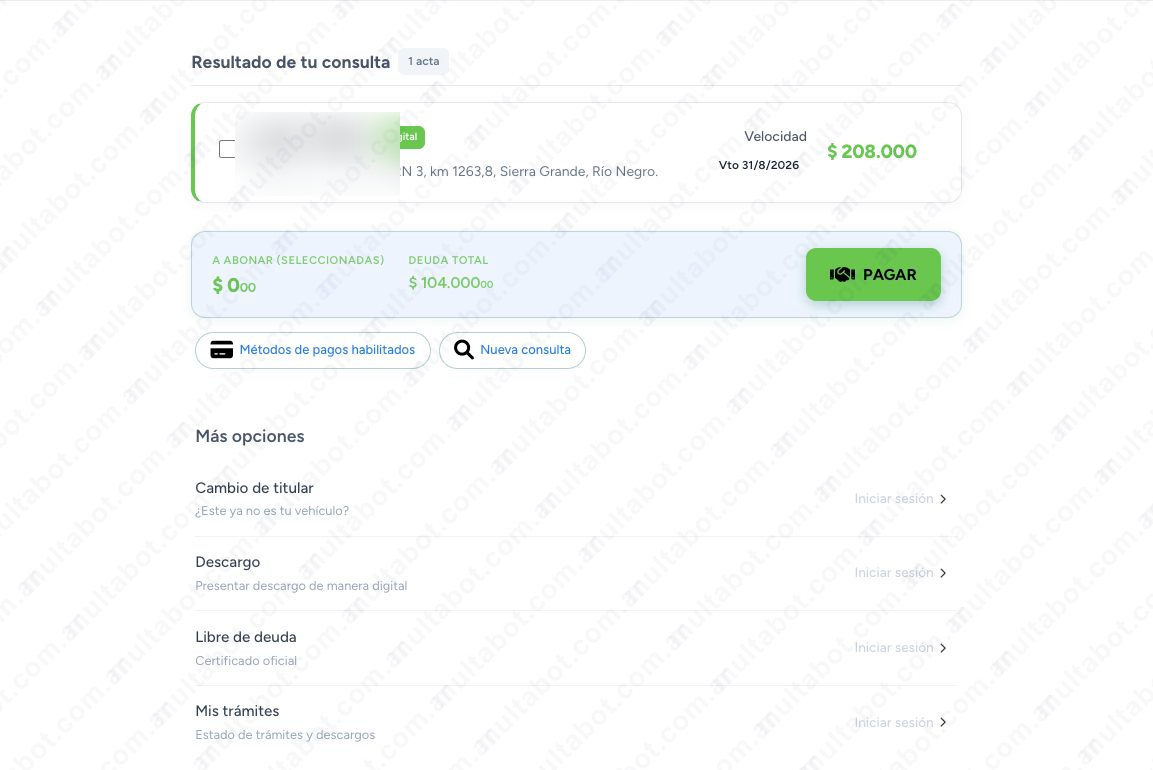 Resultado de multas provinciales de Río Negro con fecha, ubicación, motivo, vencimiento e importe