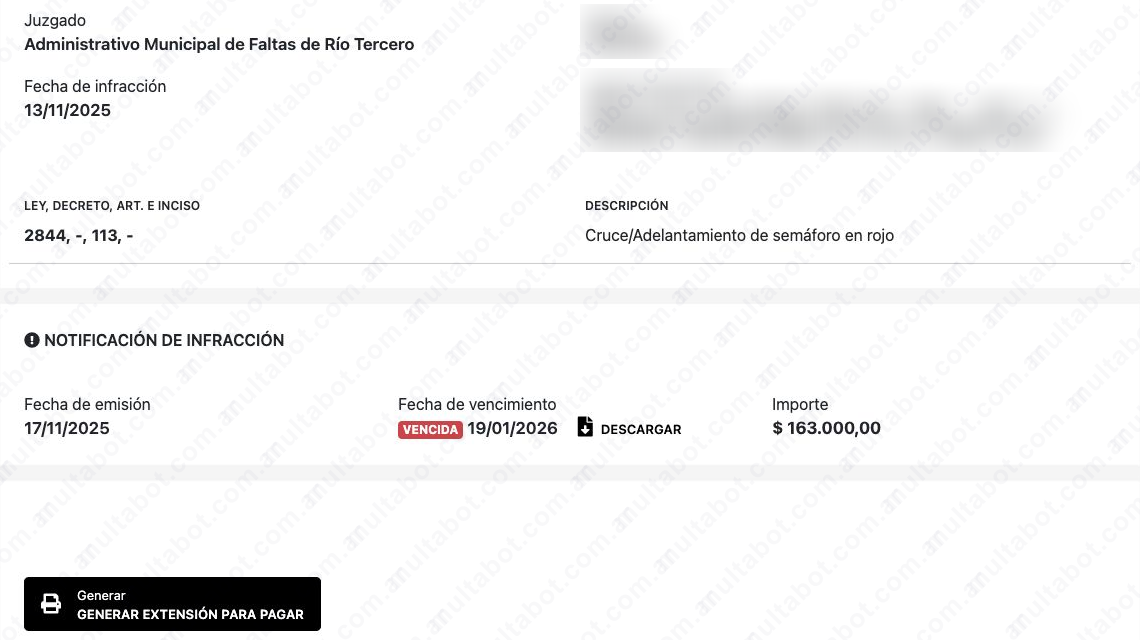 Detalle de una multa de Río Tercero con norma, descripción, vencimiento e importe