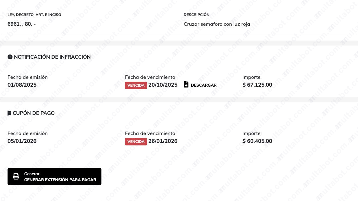 Detalle de una multa de Roque Sáenz Peña con notificación, cupón vencido y opción de extensión