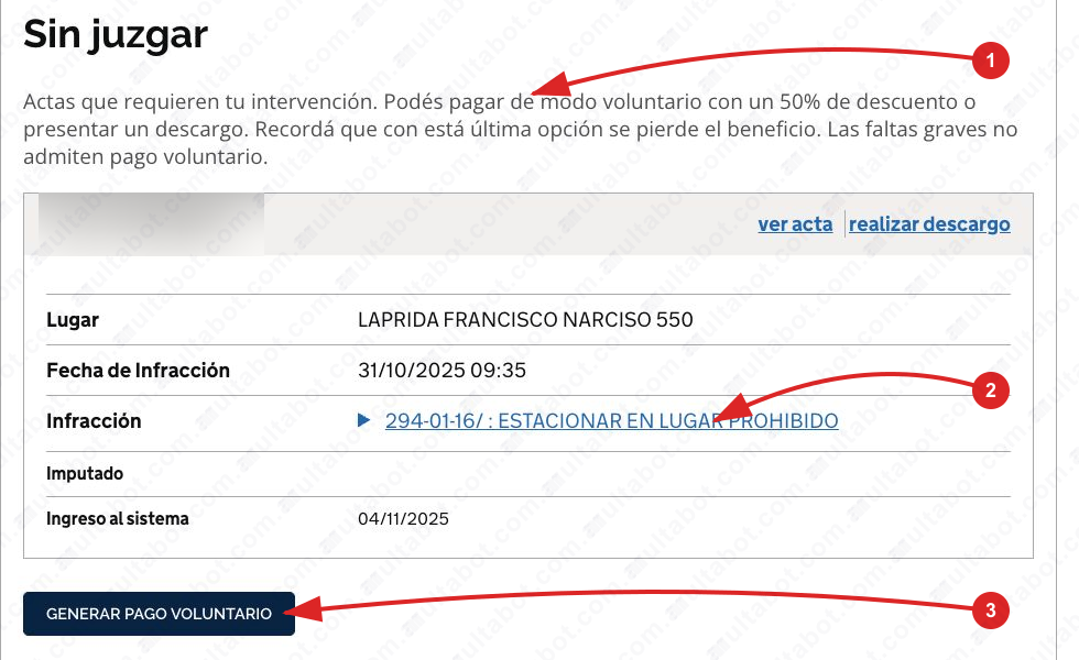 Acta sin juzgar de Rosario con lugar, fecha, infracción, descargo y pago voluntario